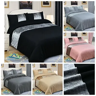 Crushed Velvet Panel Duvet Cover With Pillow Case Bedding Set Silver Grey Black • $22.87