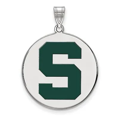 Michigan State Spartans Green School Letter Logo Disc Pendant In Sterling Silver • $78.99