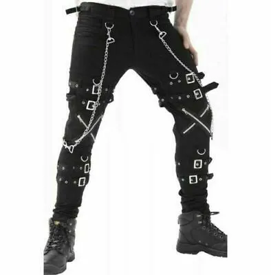 Men Gothic Dead Threads Pant Black Punk Buckle Zips Chain Strap Punk Trousers • $74.99