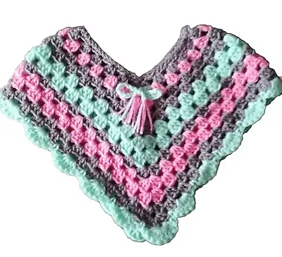 New Handmade Crochet  Baby Poncho Pink/Green/Grey Age Approx 9To 12 Mths. L@@K! • £12.95