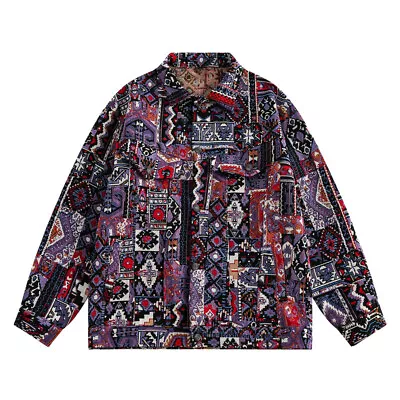 Retro Ethnic Style Floral Stand Up Collar Jacket For Mens Loose Casual Jacket • $38.67