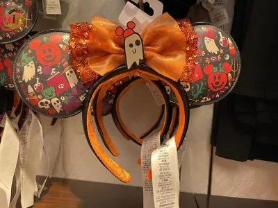 Rare Mickey Pumpkin Disney Parks Headband Sequin Bow Ears Halloween Ghost • $17.85