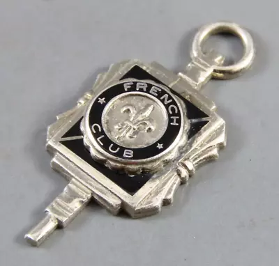 Vintage STERLING SILVER Black Enamel FRENCH CLUB KEY Charm Pendant FLEUR-DE-LIS • $27.20