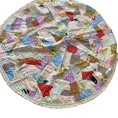Vintage Crazy Quilt Style Boho Round Fabric Tablecloth Fringe For Patio Kitchen • $26.22