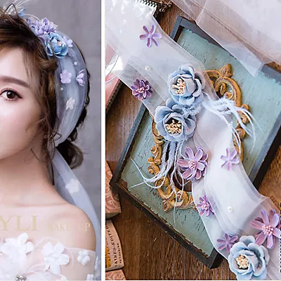 Beautiful Forest Fairy Tale Blue & Purple Flowers White Silk Hair Band • $34.95