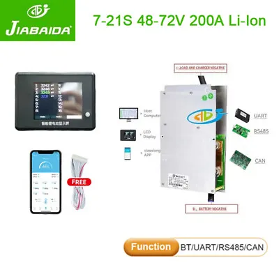 JBD 7S-21S 48V-72V 200A Li-ion Battery Smart BMS W/Balance+BT URAT+485+CAN+LCD • $11.48