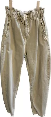 Zara High Waisted Jeans Olive Brown Size 2 Paper Bag Ruched Waist Loose Fit • $10