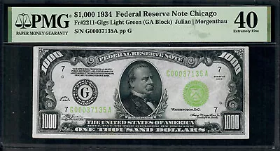 CC&C $1000 1934 - CHICAGO Federal Reserve Note LGS LIGHT GREEN SEAL - PMG 40 • $4999.99