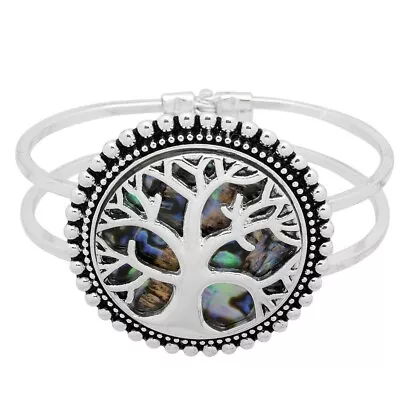 Tree Of Life Bracelet Hinge Bangle Abalone Shell Metal SILVER Beach Jewelry • $12.99