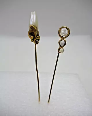 Two Antique Gold Art Nouveau Mississippi River Pearl Stickpins/ Test14K & 10K • $149.99