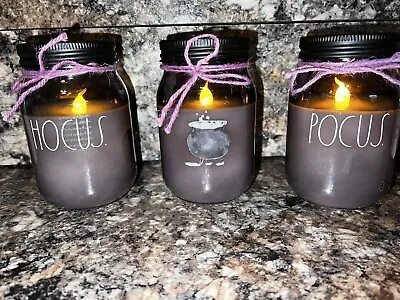 Rae Dunn HOCUS POCUS Trio Of Mason Jar Canisters Witches Cauldron  Purple Tie • $37.98