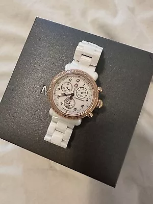 EUC Michele Jetway Rose Gold Diamonds Ceramic White Band Timepiece Watch Box Tag • $1100