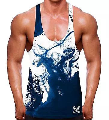 Mens Gym STRINGER VEST Navy Vape Top Training Muscle Singlet Bodybuilding Gear • $32.99