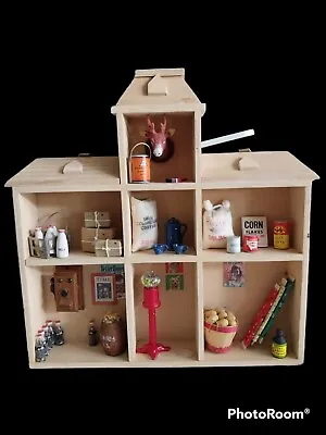 Wood Shadow Box Dollhouse 30+Miniatures Milk Canned Food Coke Bottles Wall Phone • $29.99