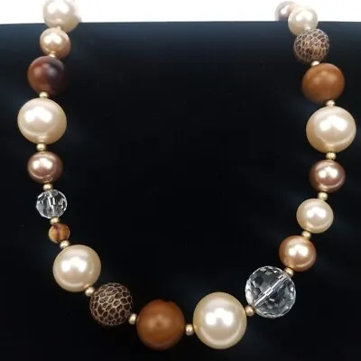 COOKIE LEE Chunky Beaded Necklace Crystal Pearl Brown Gold Tone COSTUME JEWELRY • $10