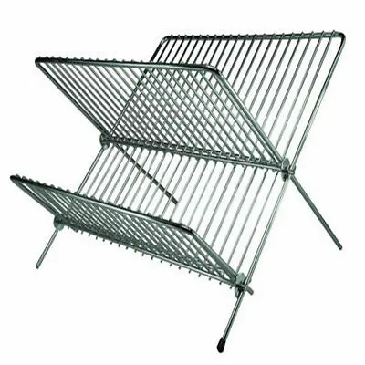 Metal Folding Dish Drainer Chrome Folding 2 Tier Plates Bowls Rack Storage Dryer • £10.99