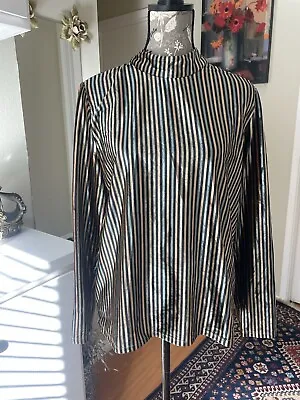 Zara Velvet Stripe High Neck Contrast Blouse Large • $32.39