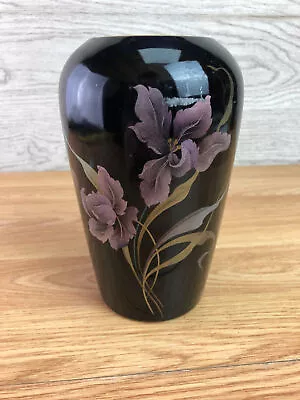 Black Ceramic Vase With Purple Flower Design 6.5  Tall  • £21.99