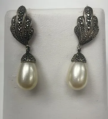 Vintage Sterling Silver Genuine Pearl/ Marcasite Dangle Earrings 925 1.5” Long • $32
