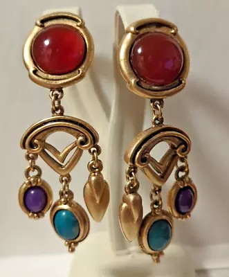 VTG Lazuli Designer Faux Carnelian & Other Stones Gold Tone Dangle Clip Earrings • $50