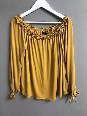 New Look Size 14 Off Shoulder Summer Top Mustard Yellow 3/4 Sleeve Frill Necklin • £7.99