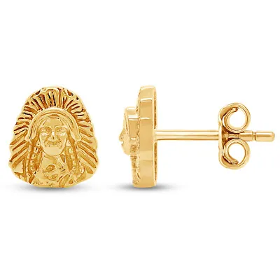 Womens American Indian Chief Head 14K Yellow Gold Plated Silver Stud Earrings • $44.98