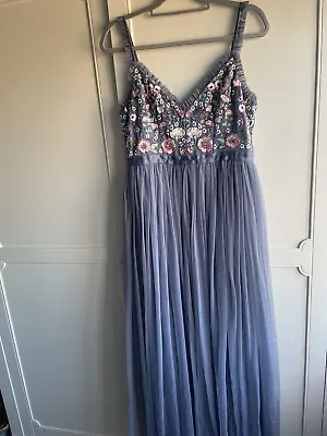 NEEDLE AND THREAD Grey Tulle Party Prom Dress. Size 12. Floral Embroidery ❤️❤️ • £39.99