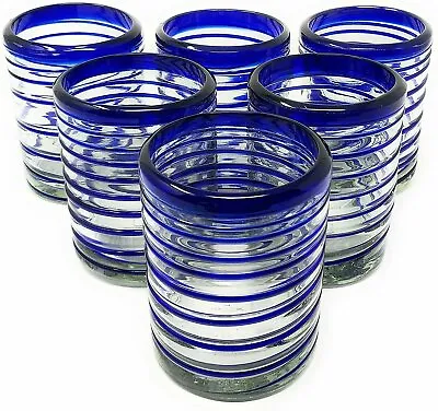 Hand Blown Mexican Drinking Glasses – Set Of 6 Tumbler Glasses With Blue... • $47.99