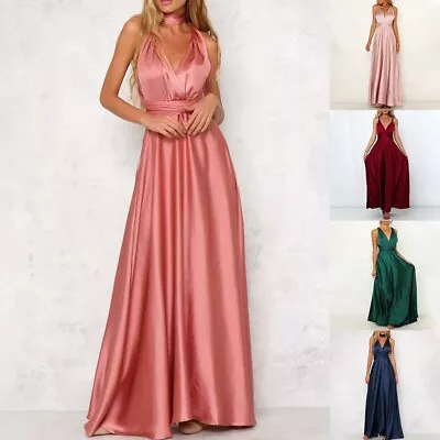 Women's Convertible Satin Evening Gown V Neck Classy And Elegant Maxi Dress • £25.93