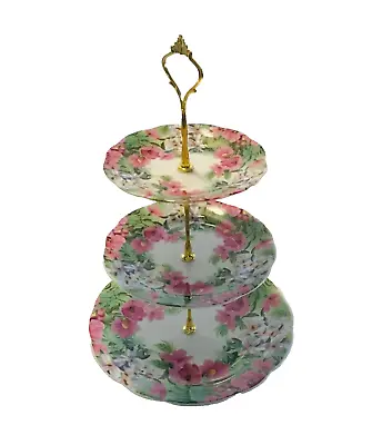 Vintage Floral Display Cake Stand 3 Tier Cupcake Wedding Plate Tea Pink & Green  • £14.99