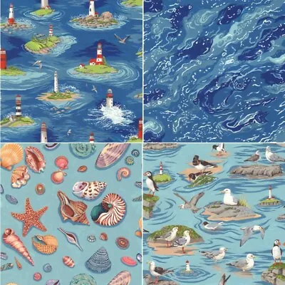 100% Cotton Fabric Nutex By The Sea Lighthouse Waves Seagull Seashells Ocean • £5.25