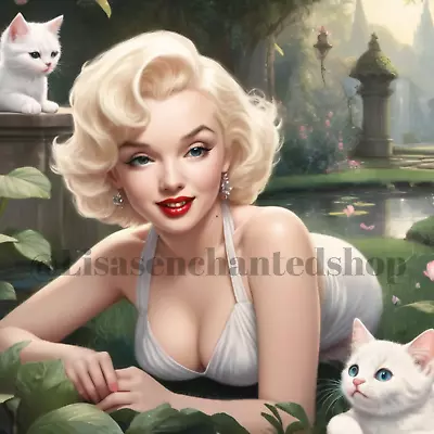 Digital Image Desktop Wallpaper AI Art - Marilyn Monroe In A Garden With Kittens • $0.99