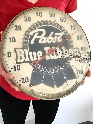 Vtg Round PBR Pabst Blue Ribbon Beer Metal Bar Advertising Wall Thermometer Sign • $295