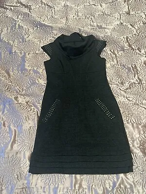 Cotton Club Grey Warm Dress Size 10 / 38 Metal Beads Pockets Studded • £9.99