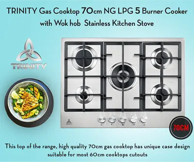 $489 • Buy TRINITY TRG700 5 Burner 70cm Built-in Gas WOK Cooktop FREE Delivery