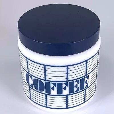 Vintage Coffee Jar 1980's CLP White Milk Glass Blue Geometric Pattern Screw Lid • £12.99