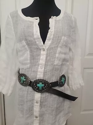 Patricia Wolf Vintage Black Leather Silver-tone & Faux Turquoise Concho Belt  • $139.99