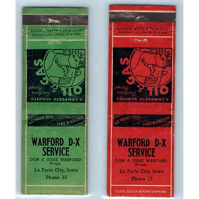 X2 C1940s La Porte City Iowa Warford D-X Service Matchbook Cover LOT DX Oil C23 • $24.50