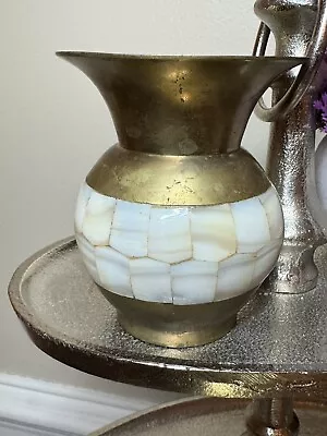  Vintage Solid Brass 3.5  Vase Mother Of Pearl Inlay Boho Chic • $24.95