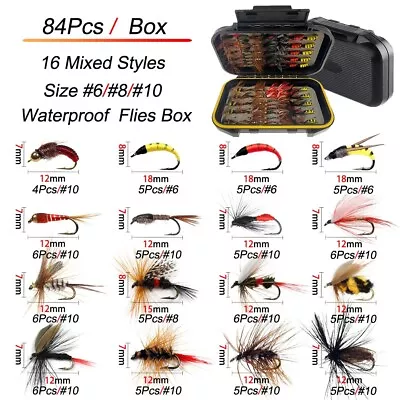 Fly Fishing Flies Kit Fly Lures Bass Salmon Trouts Flies Dry/Wet Fishing Bait • $23.39