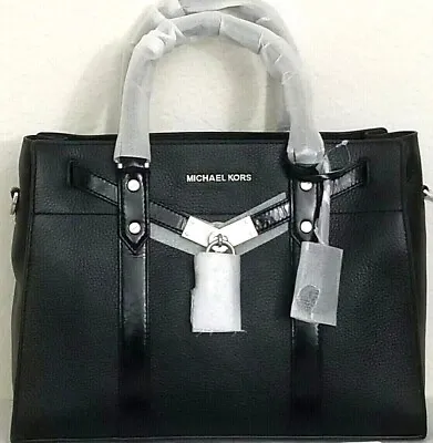 🌞michael Kors Hamilton Nouveau Black Silver Lock & Key Large Satchel Bag🌺nwt! • $241.79