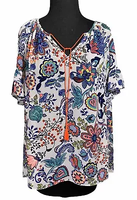 Milly  Womens XL White Neon Sheer Floral Short Flutter Sleeve Boho Top Blouse • $17.47