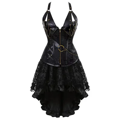 Steampunk Corset Dress Women Faux Leather Bustier Lingerie Top With Lace Skirt • $38.18