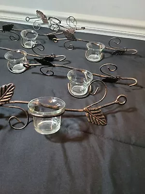 A Lot Of 6 Bronze Metal Leaf Branch Wall Art Candle Holders Glass Votive Cups • £24.05