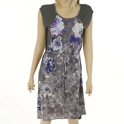 SIMPLY VERA WANG Women's MEDIUM Cap Sleeve GRAY With FLORAL Print DRESS Tie Sash • $30.59
