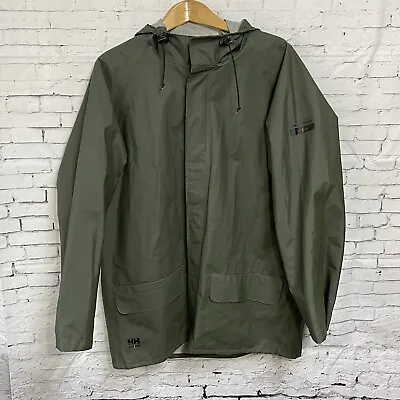 HH Helly Hansen Green Rain Jacket Work Wear PVC Coat Snap Front Hood Mens XL • $39