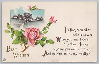 Stecher~425 A~Best Wishes~Big Pink Rose & Buds~Village In Bkgd~Vintage Postcard • $3.30