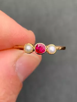 15ct Gold Ruby & Seed Pearl Three Stone Ring Victorian 15k 625 • £78