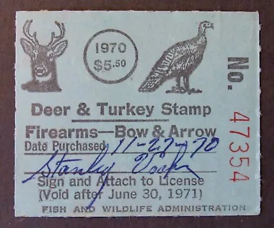 1970 Maryland Deer & Turkey Hunting Stamp - Firearms - Bow & Arrow - Used • $18