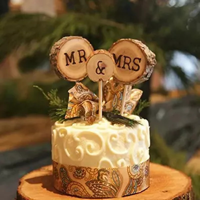 3 Pcs Mr&Mrs Toppers Natural Wood Cake Decoration Chic Rustic Wedding Mr Mrs Let • $11.95